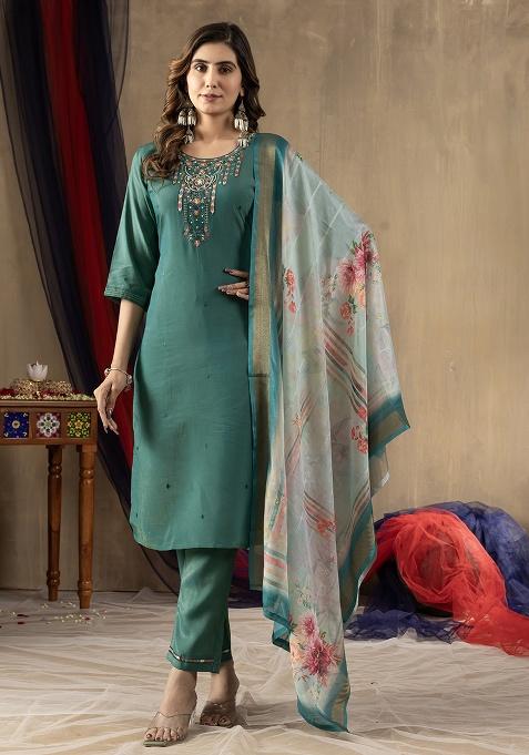 Rama Green Embroidery Silk Kurta Set