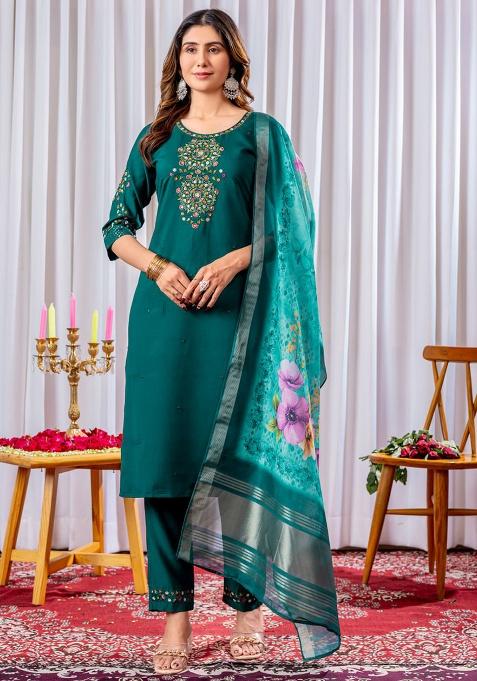 Green Embroidery Silk Kurta Set