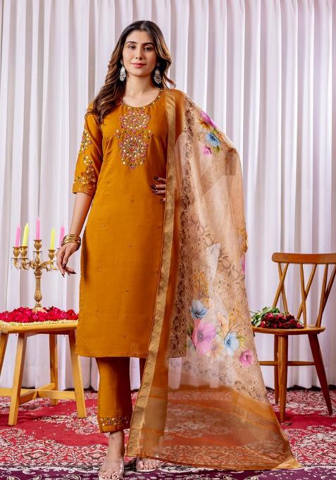 Musterd Embroidery Silk Kurta Set