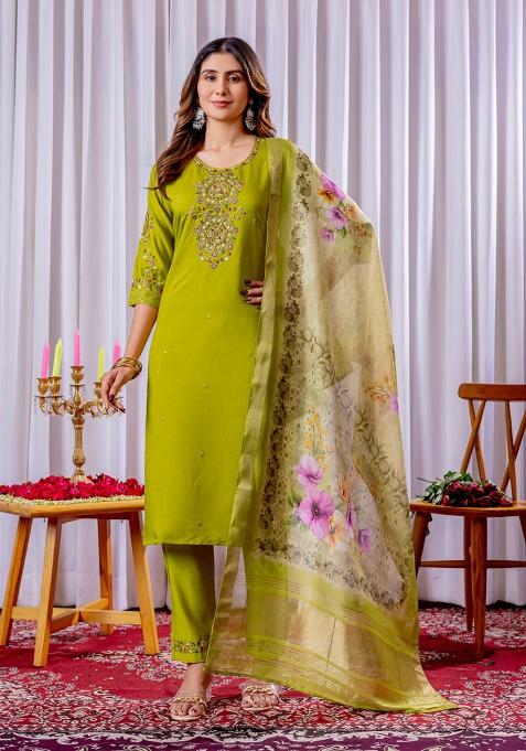 Parrot Green Embroidery Silk Kurta Set