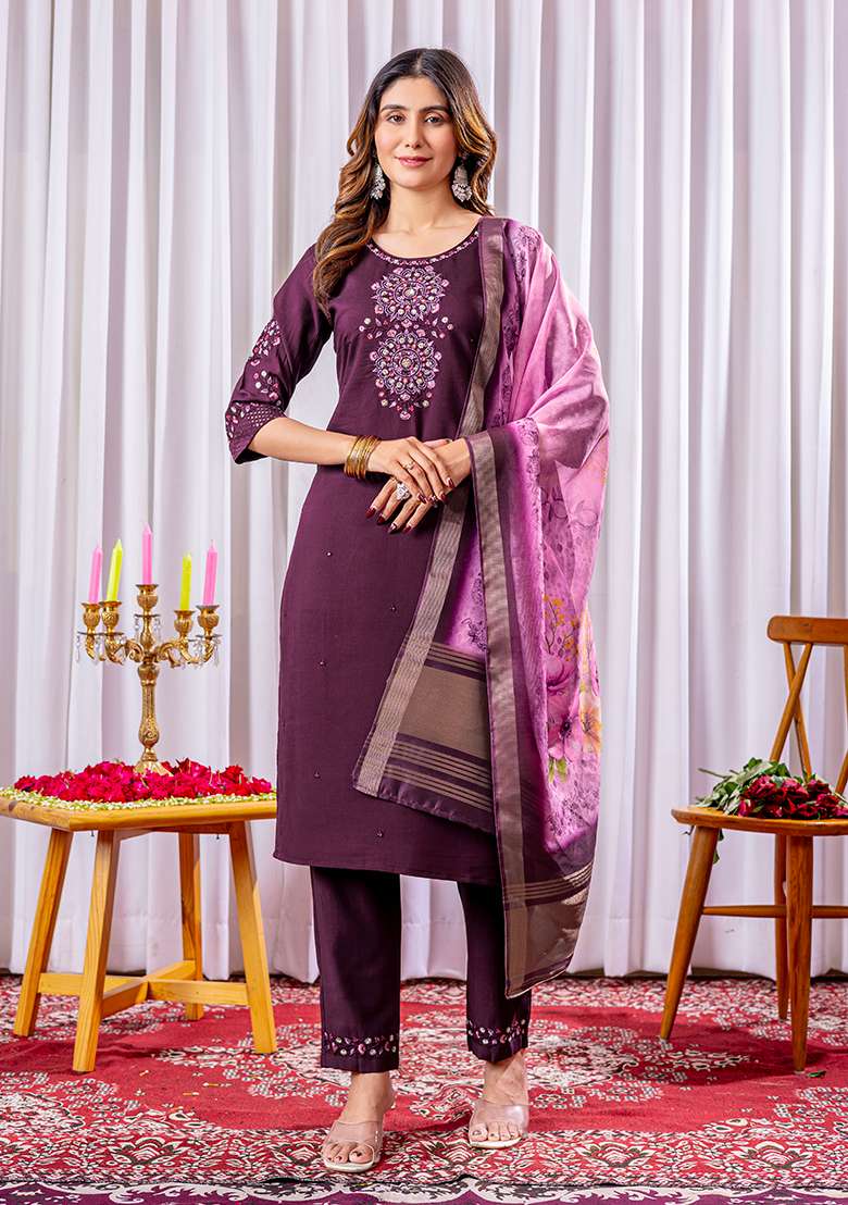 Wine Embroidered Silk Blend Straight Kurta Set - Indya