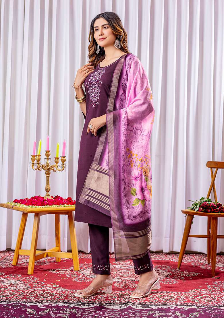 Wine Embroidered Silk Blend Straight Kurta Set - Indya
