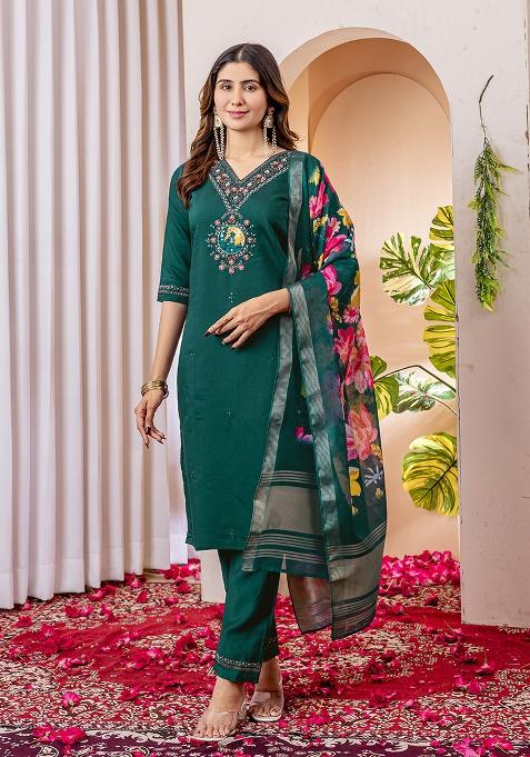 Green Embroidery Silk Kurta Set