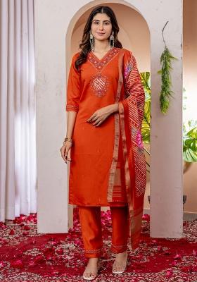 Orange Embroidered Silk Straight Kurta Set