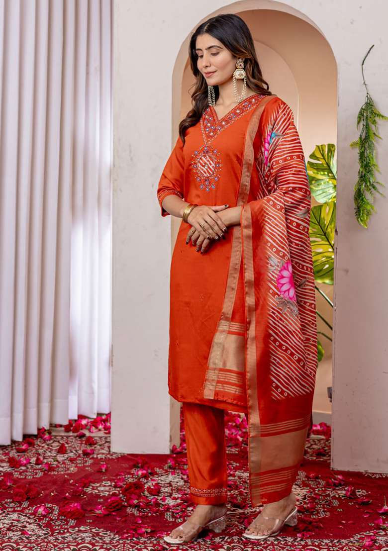 Orange Embroidered Silk Blend Straight Kurta Set - Indya