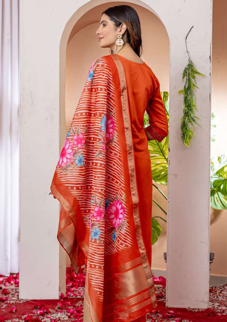 Orange Embroidered Silk Blend Straight Kurta Set - Indya