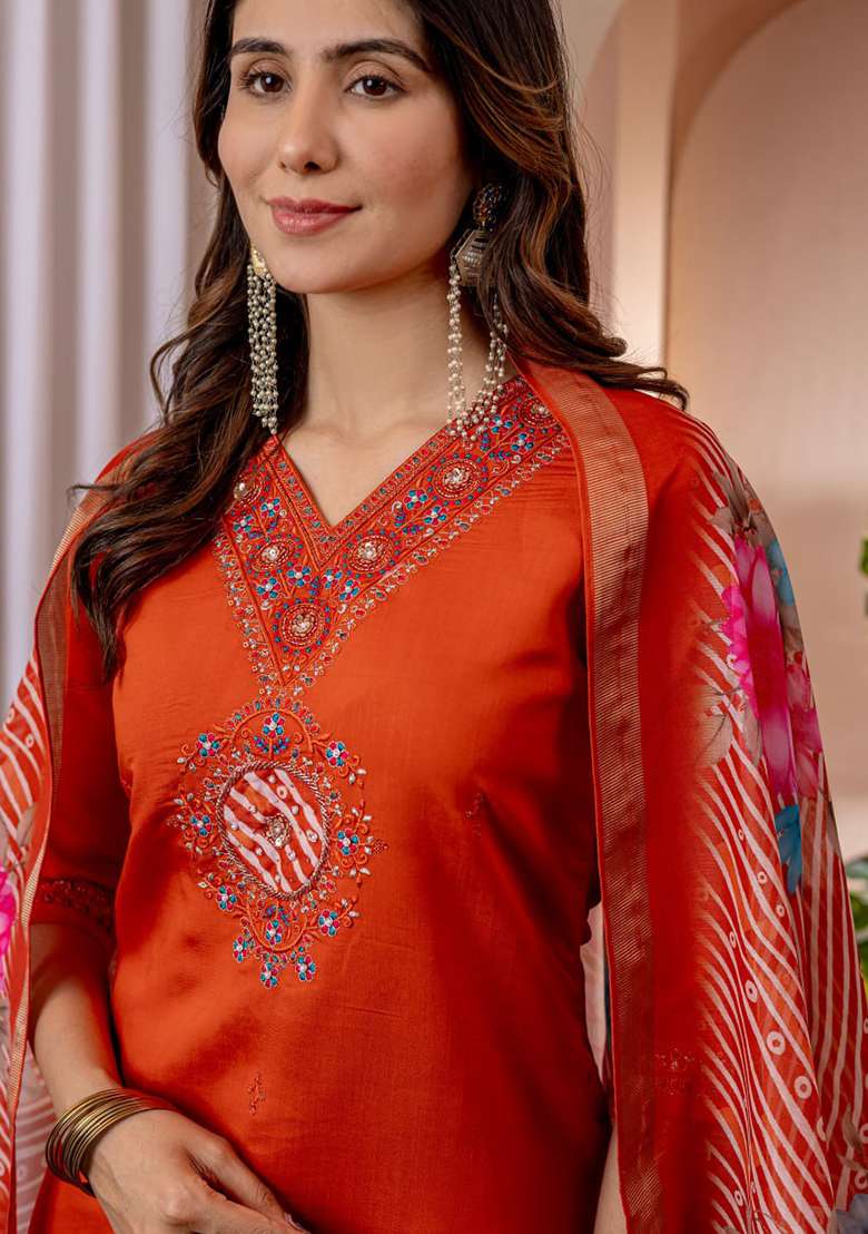 Orange Embroidered Silk Blend Straight Kurta Set - Indya