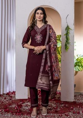 Wine Embroidered Silk Blend Straight Kurta Set