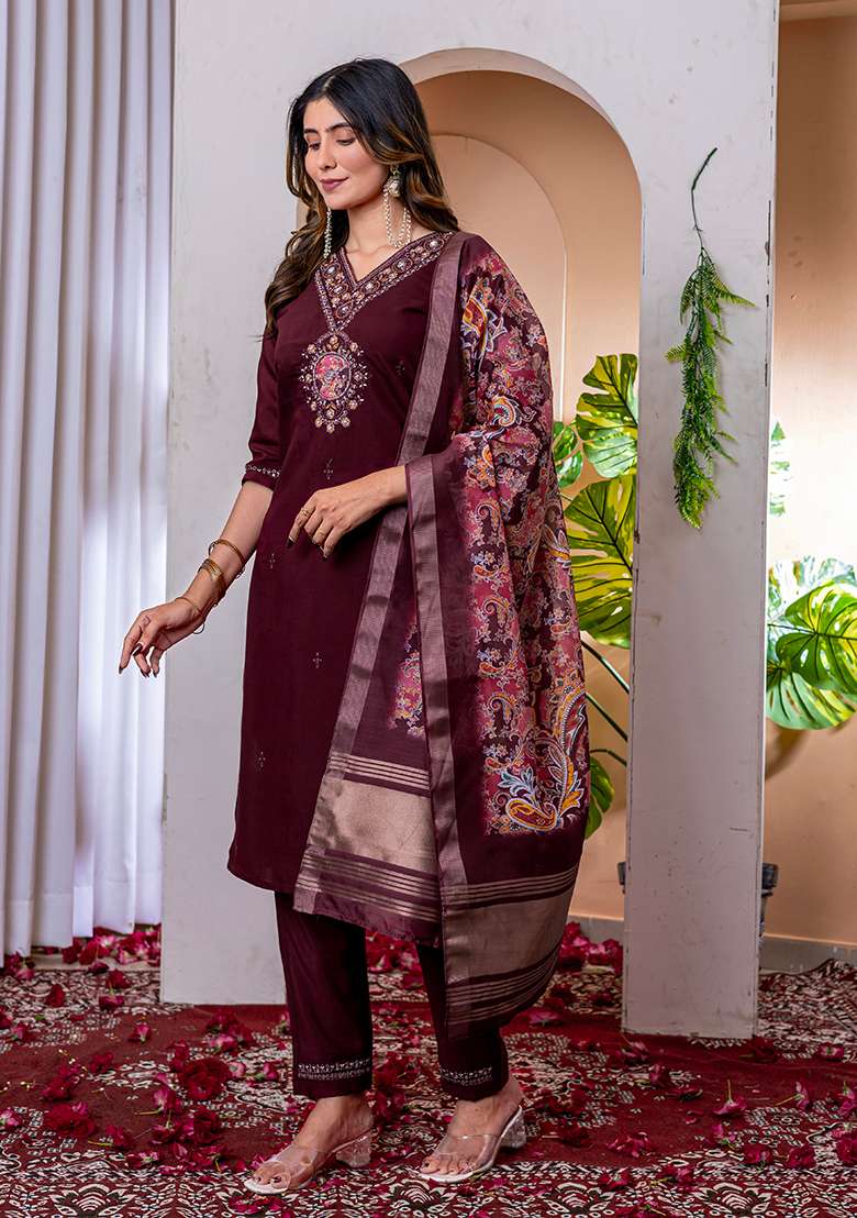 Wine Embroidered Silk Blend Straight Kurta Set - Indya