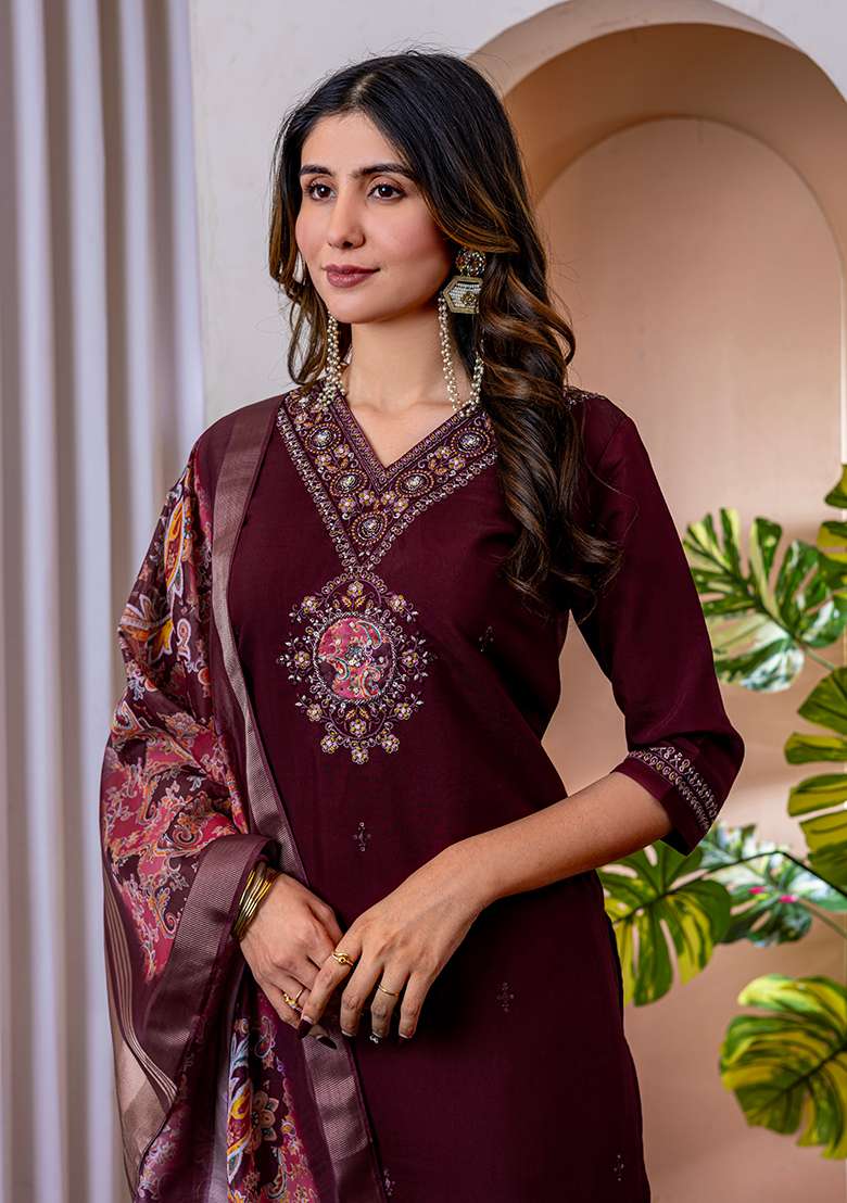 Wine Embroidered Silk Blend Straight Kurta Set - Indya