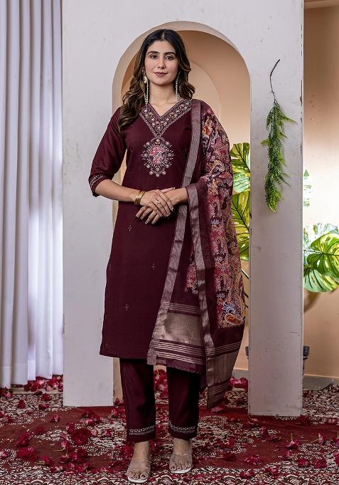 Wine Embroidery Silk Kurta Set