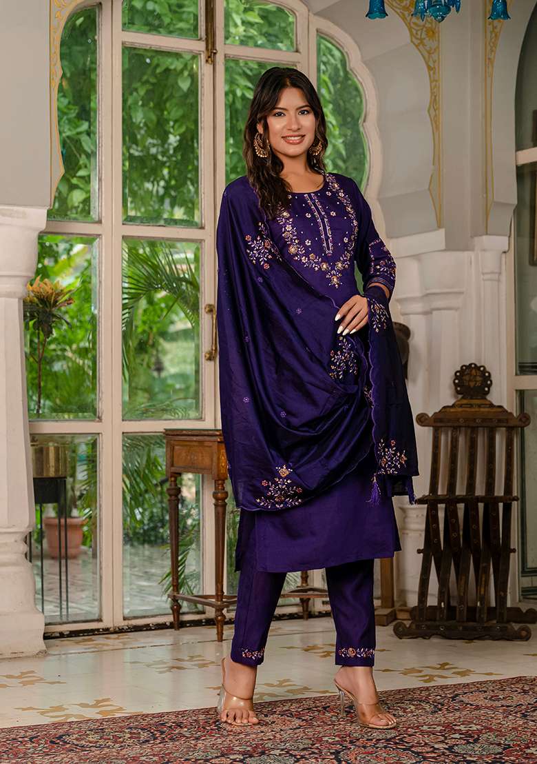 Violet Embroidered Silk Blend Straight Kurta Set - Indya