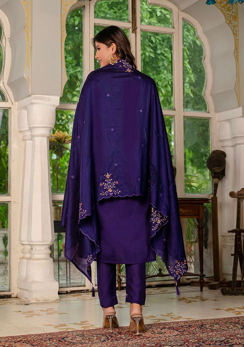 Violet Embroidered Silk Blend Straight Kurta Set - Indya