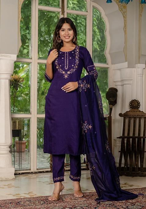 Violet Embroidery Silk Kurta Set