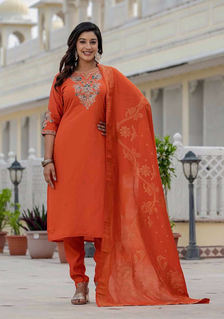 Orange Embroidered Silk Blend Straight Kurta Set - Indya