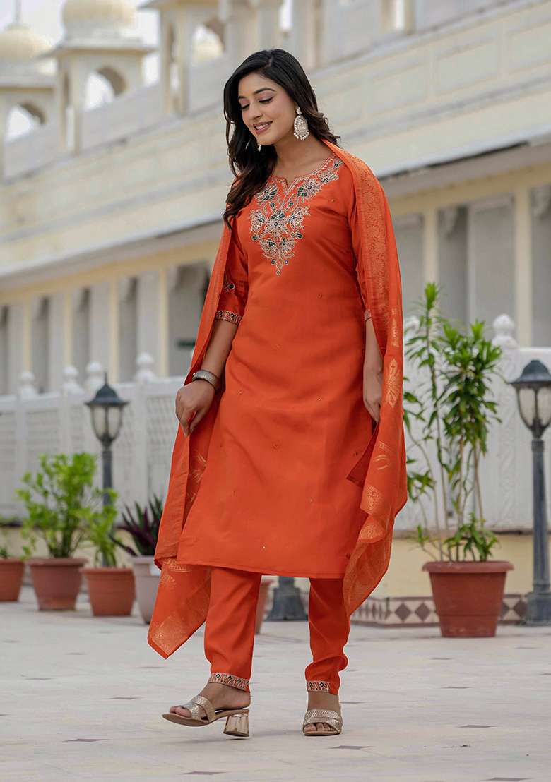 Orange Embroidered Silk Blend Straight Kurta Set - Indya