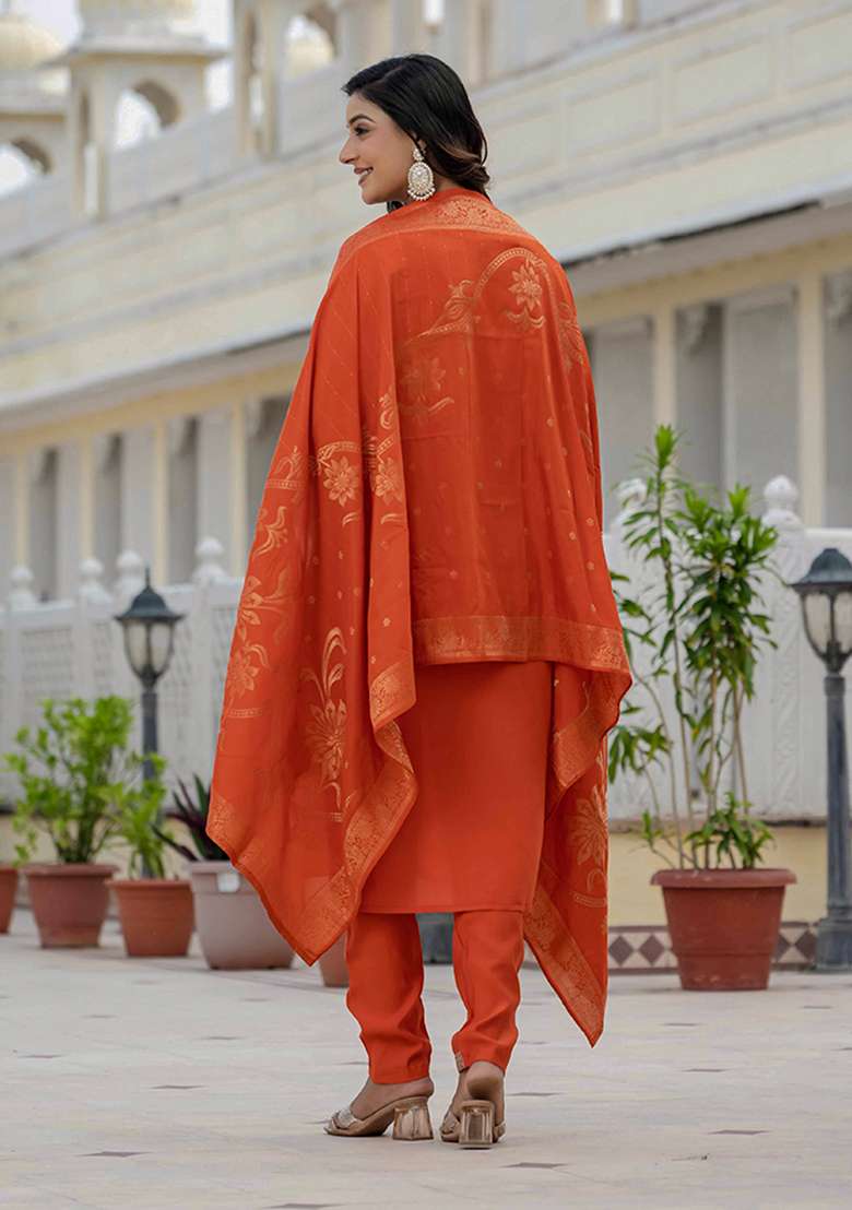 Orange Embroidered Silk Blend Straight Kurta Set - Indya