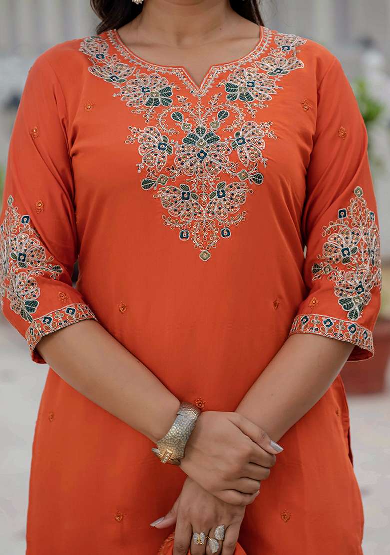 Orange Embroidered Silk Blend Straight Kurta Set - Indya