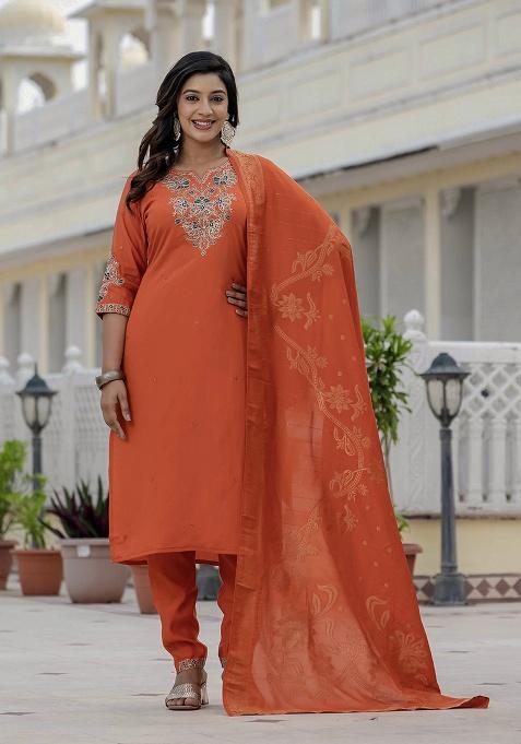 Orange Embroidery Silk Kurta Set