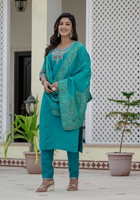 Firozi Embroidery Silk Kurta Set