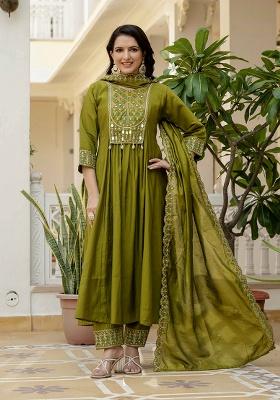 Mehendi Embroidery Silk Kurta Set