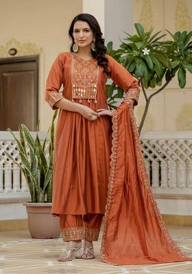 Orange Embroidery Silk Kurta Set
