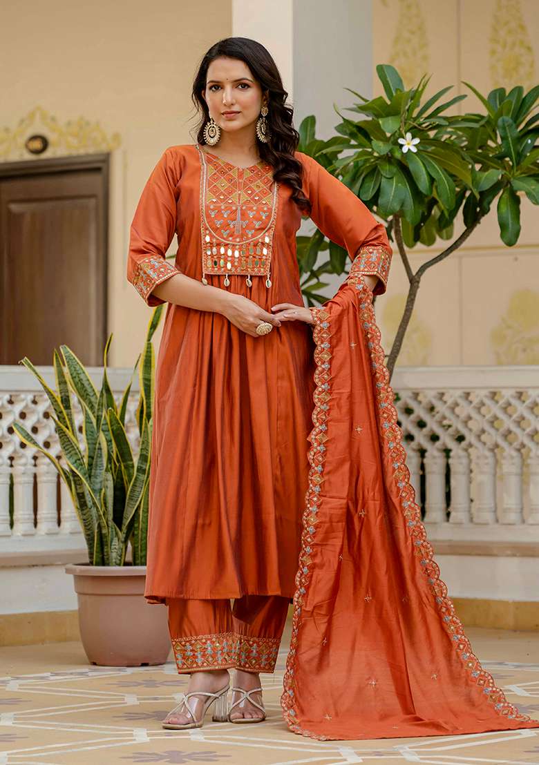 Orange Embroidered Silk Blend Anarkali Set - Indya