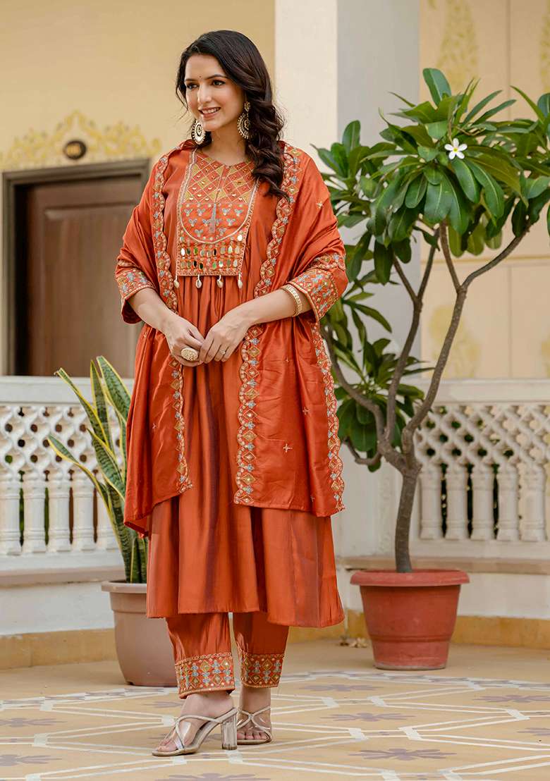 Orange Embroidered Silk Blend Anarkali Set - Indya