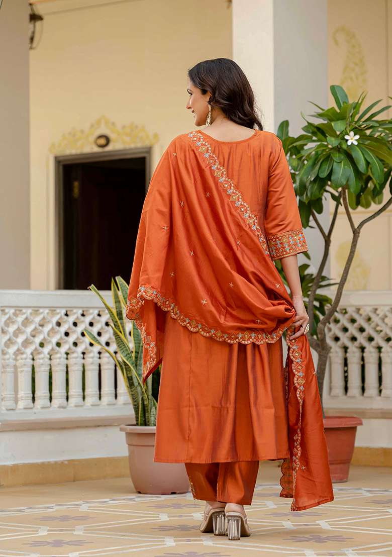 Orange Embroidered Silk Blend Anarkali Set - Indya
