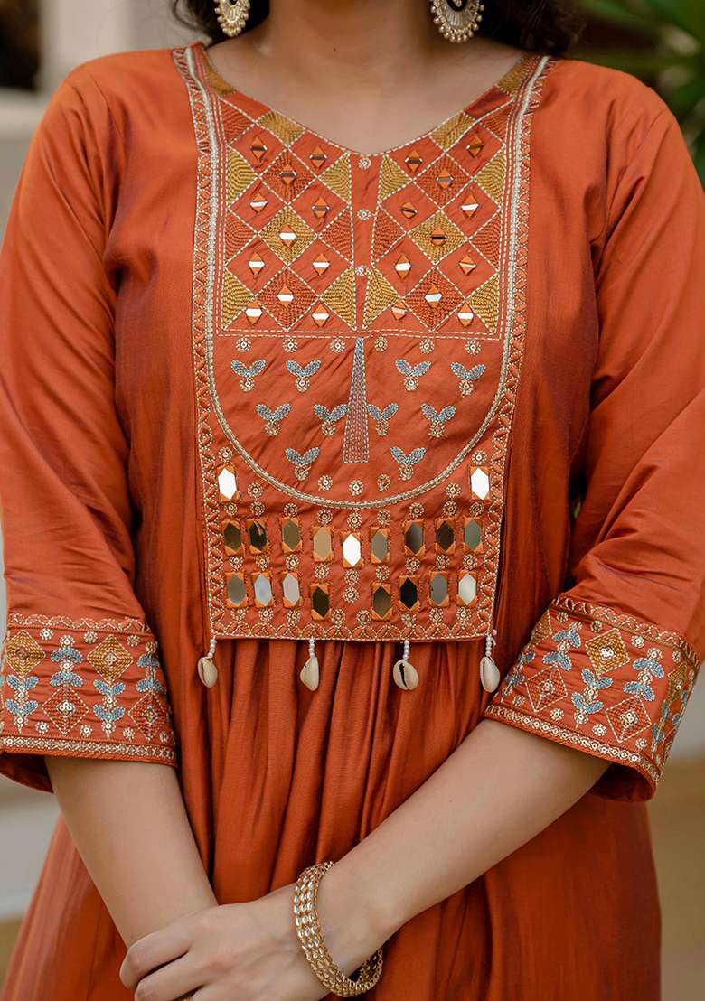 Orange Embroidered Silk Blend Anarkali Set - Indya