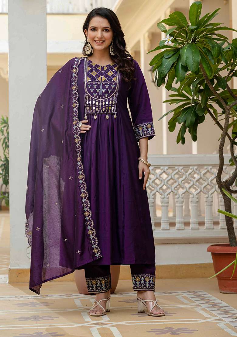 Purple Embroidered Silk Blend Anarkali Set - Indya