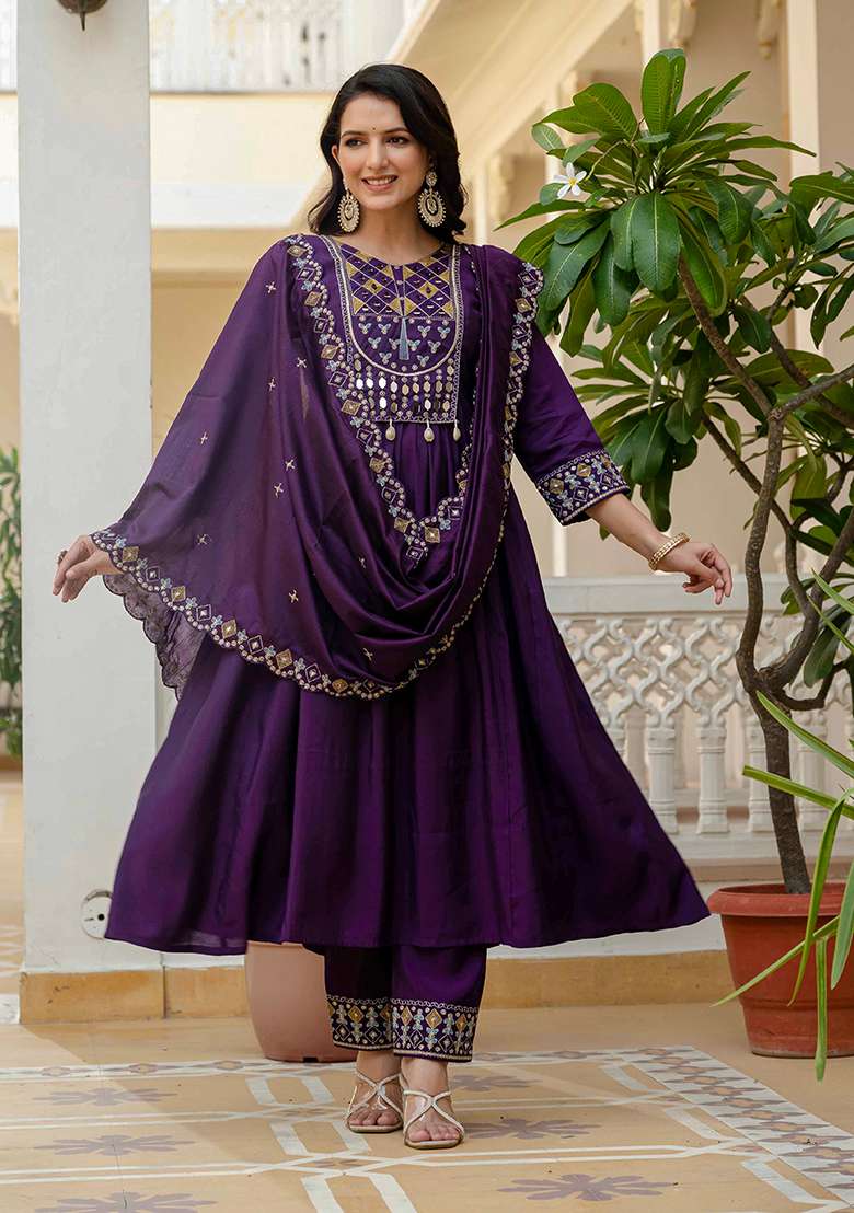 Purple Embroidered Silk Blend Anarkali Set - Indya