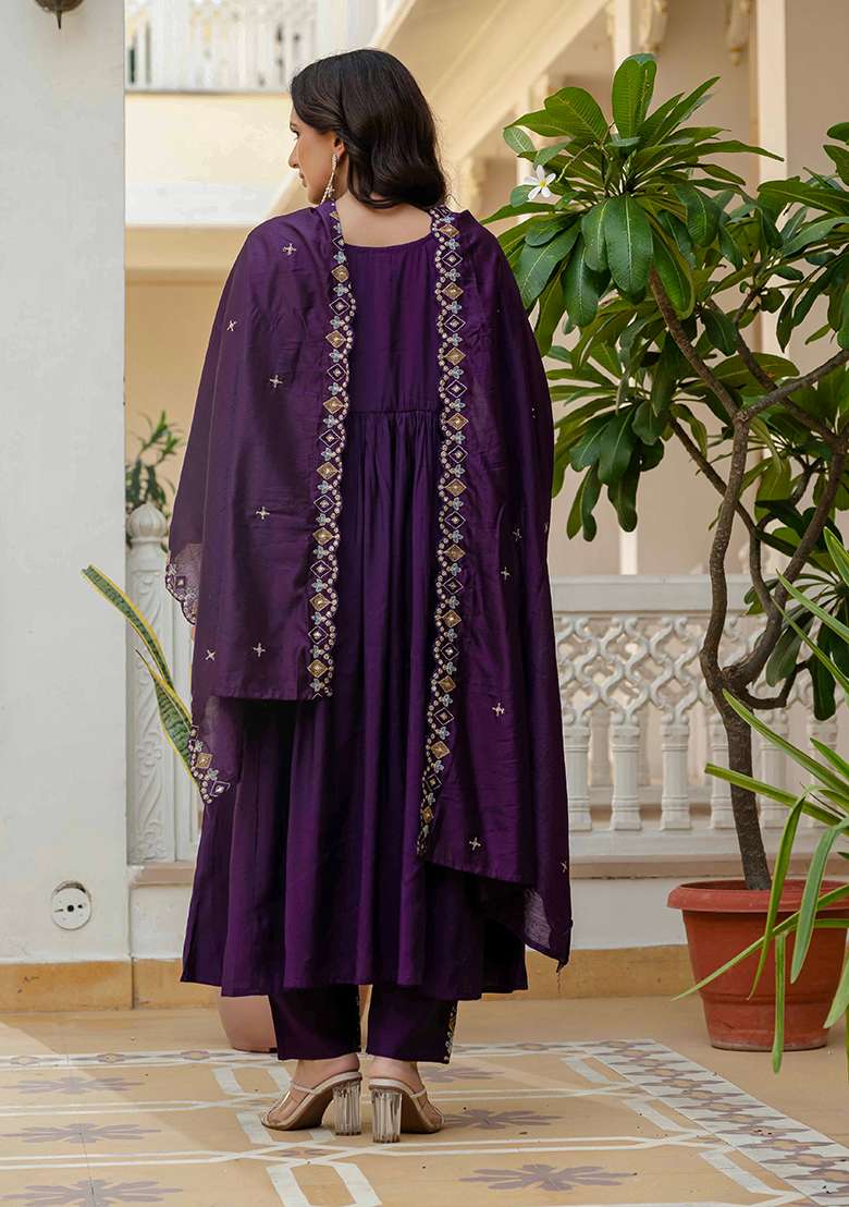 Purple Embroidered Silk Blend Anarkali Set - Indya