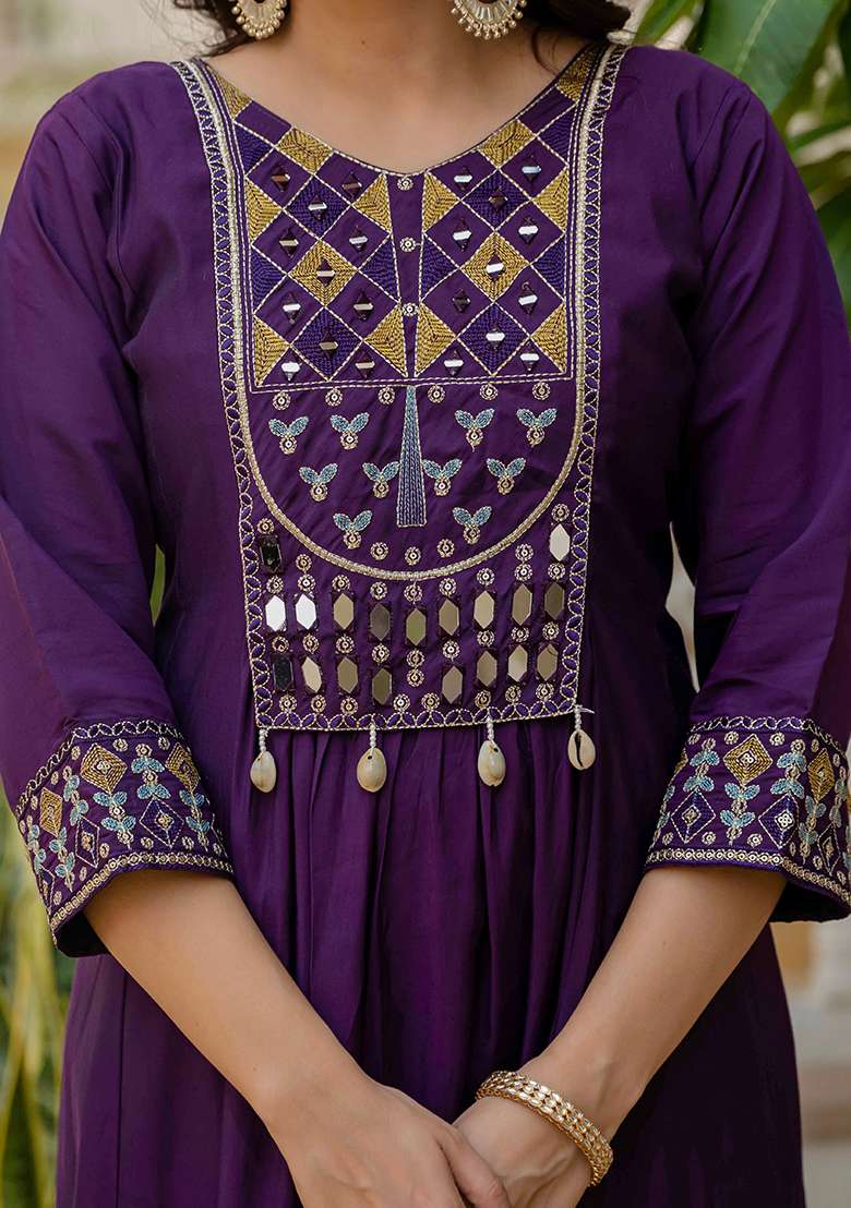 Purple Embroidered Silk Blend Anarkali Set - Indya