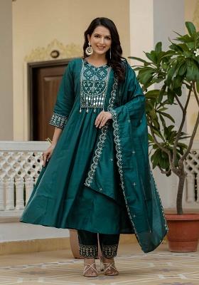 Teal Blue Embroidery Silk Kurta Set