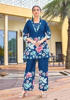 Blue Printed Cotton Blended Kurta Set
