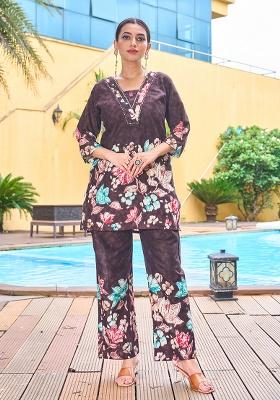 Beige Printed Cotton Blended Kurta Set