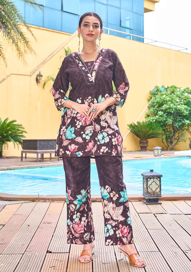 Beige Embroidered Blended Co Ord Set - Indya