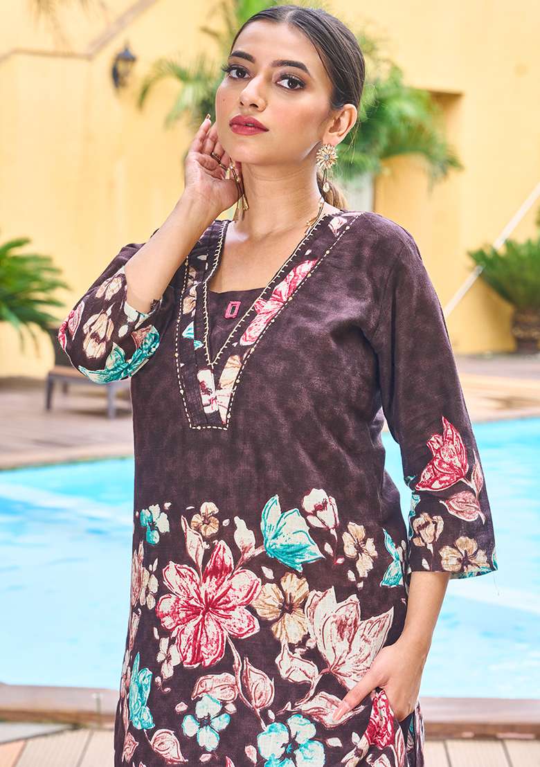Beige Embroidered Blended Co Ord Set - Indya