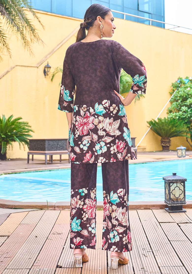 Beige Embroidered Blended Co Ord Set - Indya