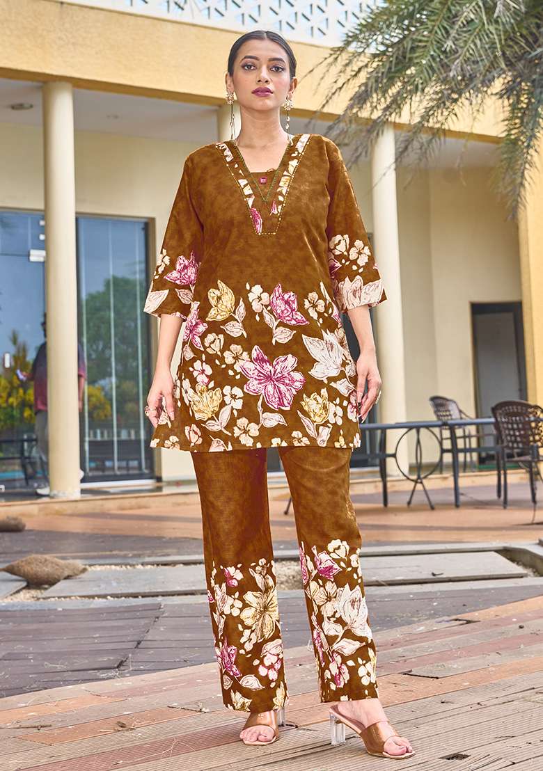 Musterd Floral Print Blended Co Ord Set - Indya
