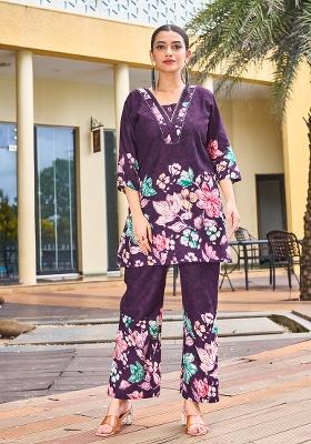 Purple Printed Cotton Blended Kurta Set