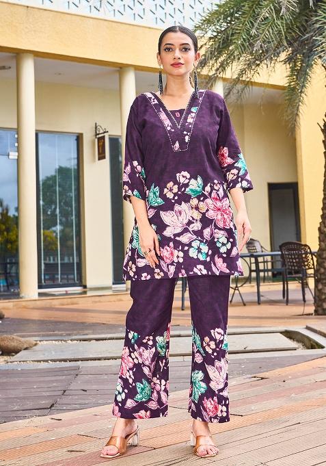 Purple Printed Cotton Blended Kurta Set