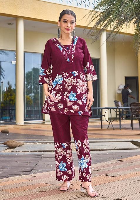Rani Pink Printed Cotton Blended Kurta Set