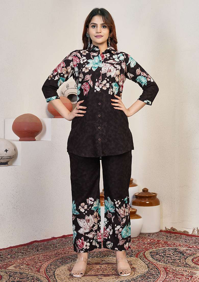 Brown Floral Print Blended Co Ord Set - Indya