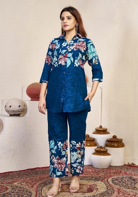 Blue Printed Cotton Blended Kurta Set