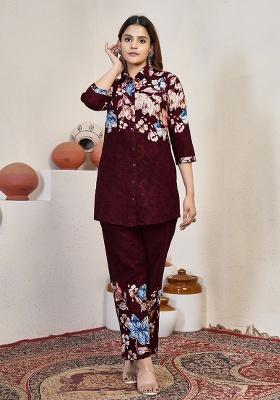 Rani Pink Printed Cotton Blended Kurta Set