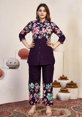 Purple Printed Cotton Blended Kurta Set