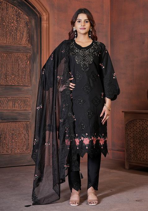 Black Embroidery Viscose Roman Kurta Set