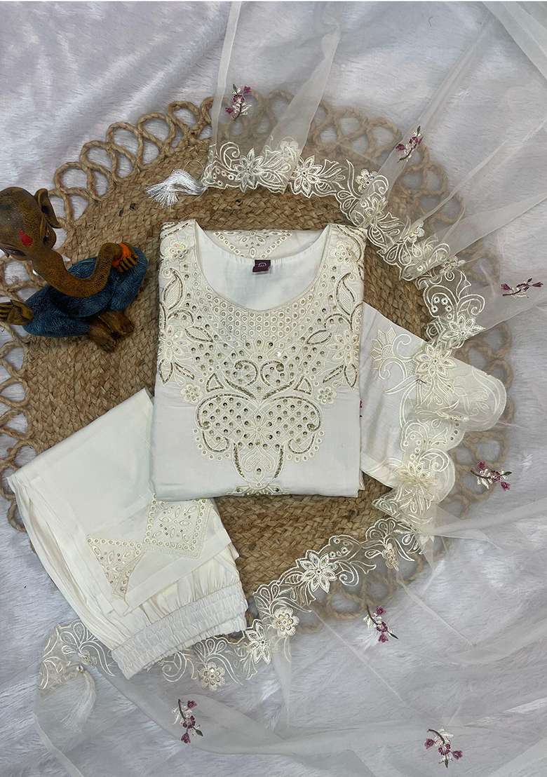 White Embroidered Viscose Pakistani Suit Set - Indya
